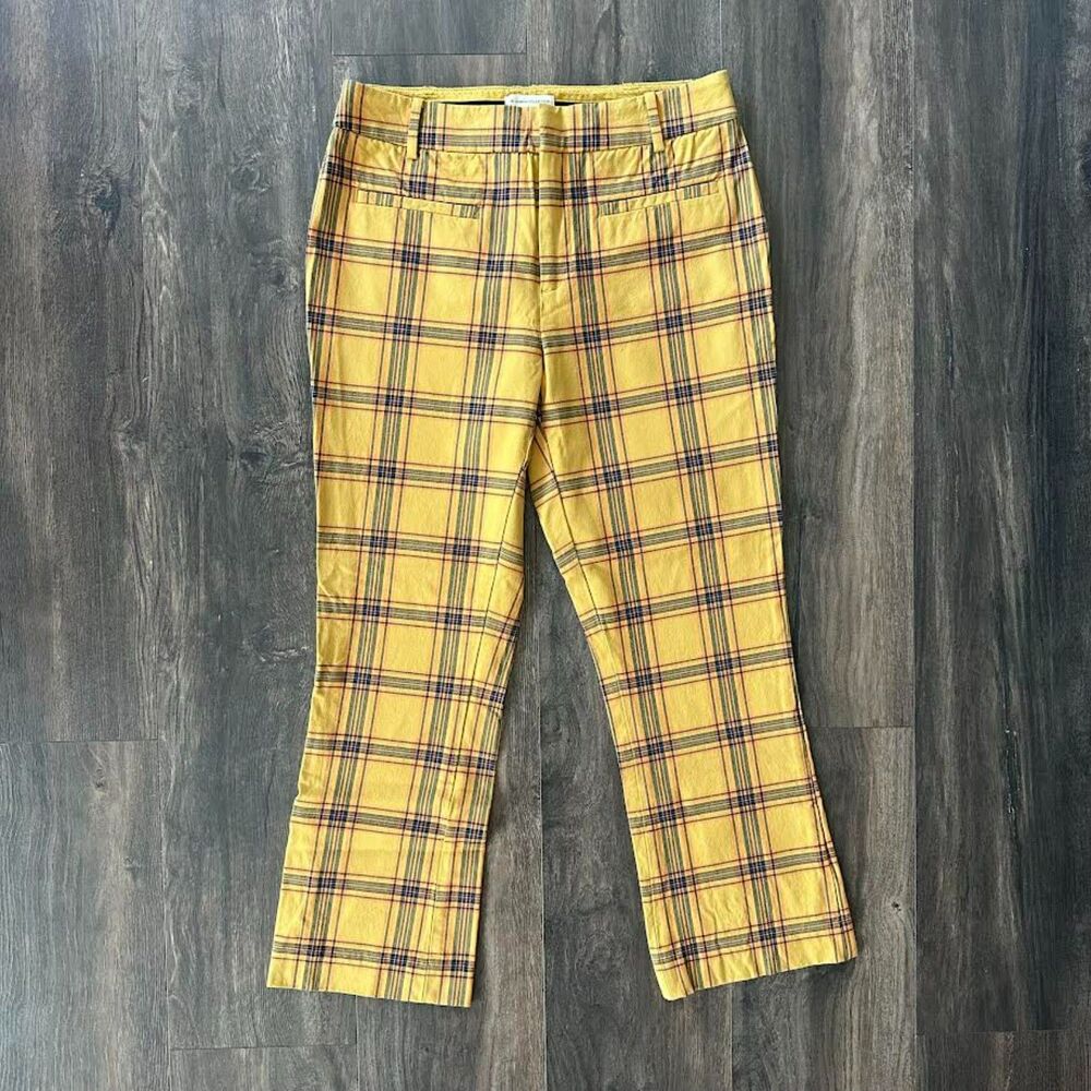 Anthropologie Essential Slim Kick Trouser Mustard Plaid Ankle Crop Stretchy Sz 6